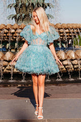 Dressystars Blue Homecoming Dress Floral Corset A-Line Short Prom Dress