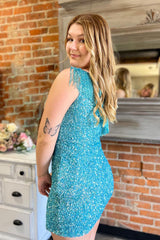 Dressystars Blue Homecoming Dress Fringed One Shoulder Tight Sequin Short Prom Dress
