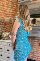 Dressystars Blue Homecoming Dress Fringed One Shoulder Tight Sequin Short Prom Dress