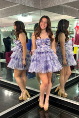 Dressystars Blue Homecoming Dress Halter A Line Tiered Floral Printed Prom Dress