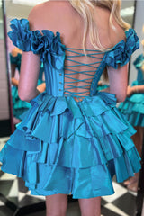 Dressystars Blue Homecoming Dress Off The Shoulder Corset Short Prom Dress With Ruffles
