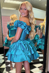Dressystars Blue Homecoming Dress Off The Shoulder Corset Short Prom Dress With Ruffles