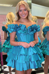 Dressystars Blue Homecoming Dress Off The Shoulder Corset Short Prom Dress With Ruffles