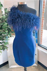 Dressystars Blue Homecoming Dress Off the Shoulder Tight Short Prom Dress with Feathers