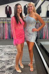 Dressystars Blue Homecoming Dress One Shoulder Corset Tight Short Prom Dress With Feathers