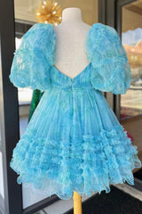 Dressystars Blue Homecoming Dress Puff Sleeves A-Line Floral Short Prom Dress with Ruffles