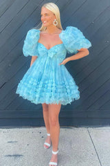 Dressystars Blue Homecoming Dress Puff Sleeves A-Line Floral Short Prom Dress with Ruffles