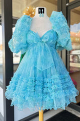 Dressystars Blue Homecoming Dress Puff Sleeves A-Line Floral Short Prom Dress with Ruffles