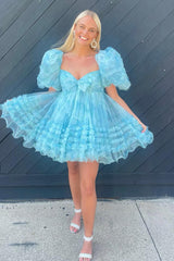 Dressystars Blue Homecoming Dress Puff Sleeves A-Line Floral Short Prom Dress with Ruffles