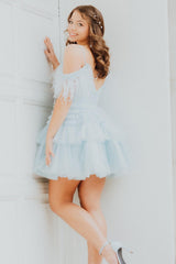 Dressystars Blue Homecoming Dress Ruffled Short Prom Dress With Feathers