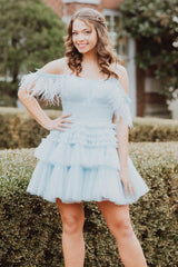 Dressystars Blue Homecoming Dress Ruffled Short Prom Dress With Feathers