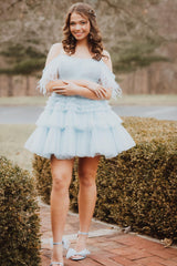 Dressystars Blue Homecoming Dress Ruffled Short Prom Dress With Feathers