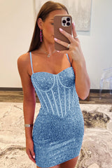 Dressystars Blue Homecoming Dress Spaghetti Straps Corset Tight Short Prom Dress