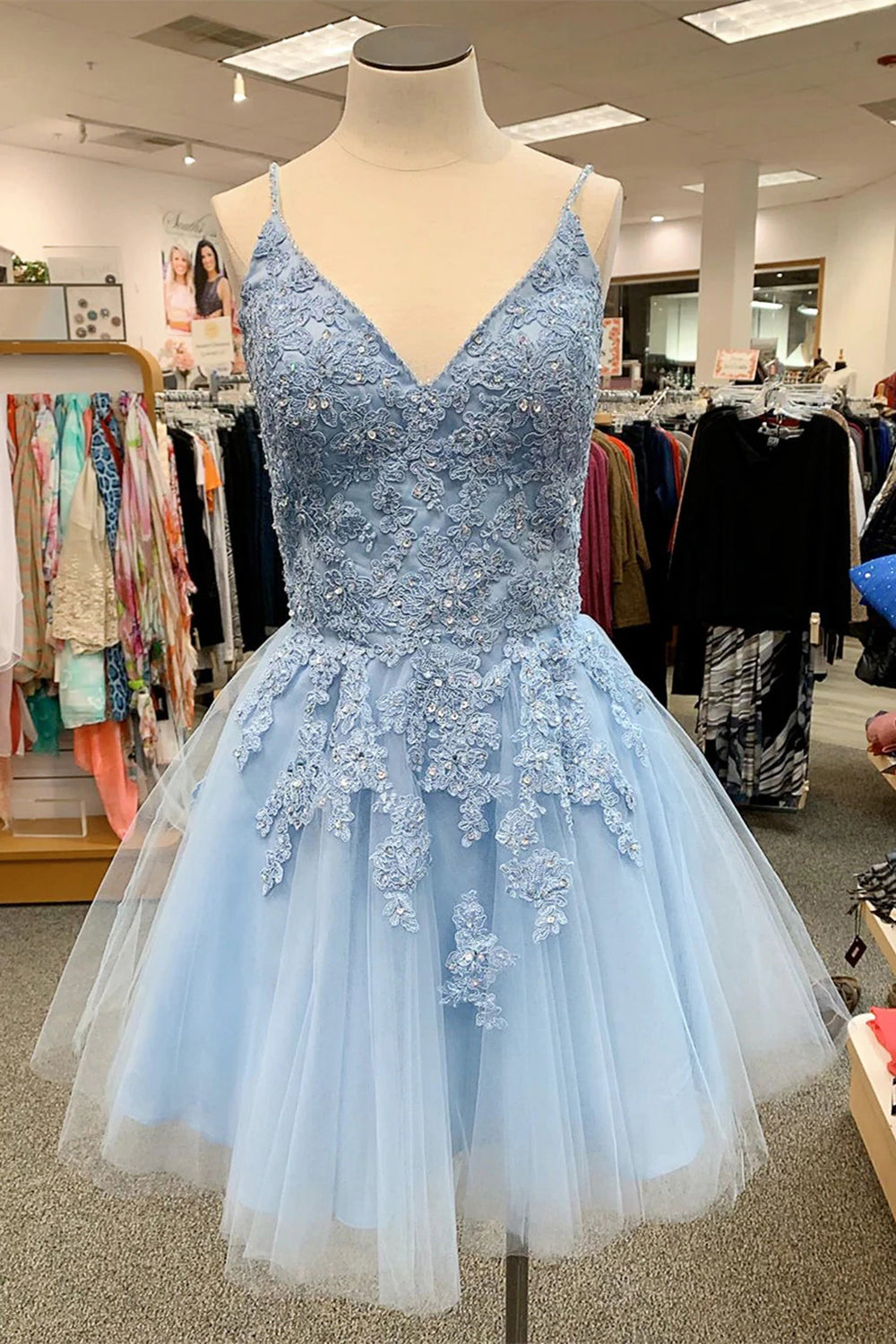 Dressystars Blue Homecoming Dress Spaghetti Straps Prom Dress With Appliques