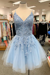 Dressystars Blue Homecoming Dress Spaghetti Straps Prom Dress With Appliques