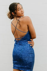Dressystars Blue Homecoming Dress Spaghetti Straps Sequin Prom Dress With Criss Cross Back