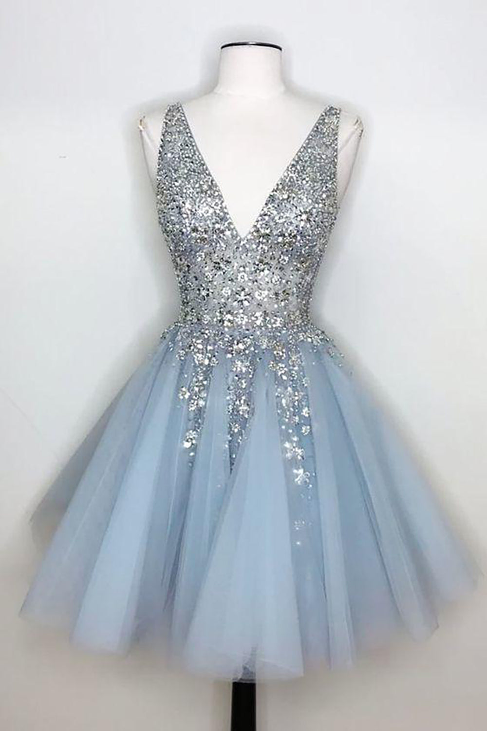 Dressystars Blue Homecoming Dress V Neck Prom Dress With Beadings