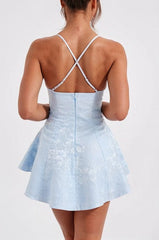 Dressystars Blue Jacquard Homecoming Dress Satin Halter A Line Short Party Dress