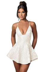 Dressystars Blue Jacquard Homecoming Dress Satin Halter A Line Short Party Dress