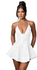Dressystars Blue Jacquard Homecoming Dress Satin Halter A Line Short Party Dress