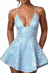Dressystars Blue Jacquard Homecoming Dress Satin Halter A Line Short Party Dress