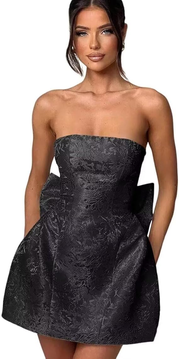 Dressystars Blue Jacquard Homecoming Dress Satin Strapless Short Party Dress with Bowknot