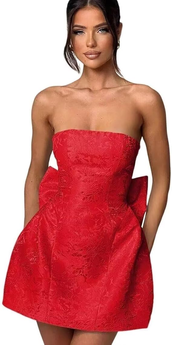 Dressystars Blue Jacquard Homecoming Dress Satin Strapless Short Party Dress with Bowknot