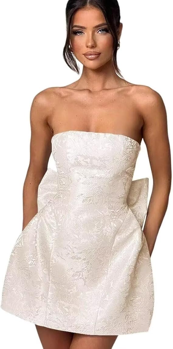Dressystars Blue Jacquard Homecoming Dress Satin Strapless Short Party Dress with Bowknot