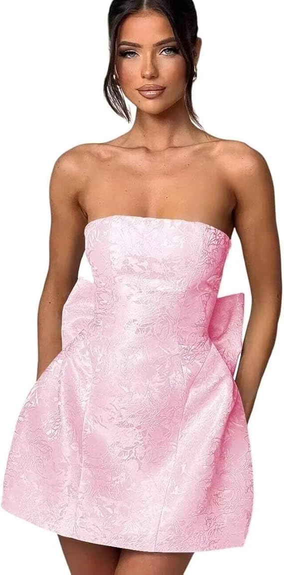 Dressystars Blue Jacquard Homecoming Dress Satin Strapless Short Party Dress with Bowknot
