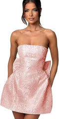 Dressystars Blue Jacquard Homecoming Dress Satin Strapless Short Party Dress with Bowknot