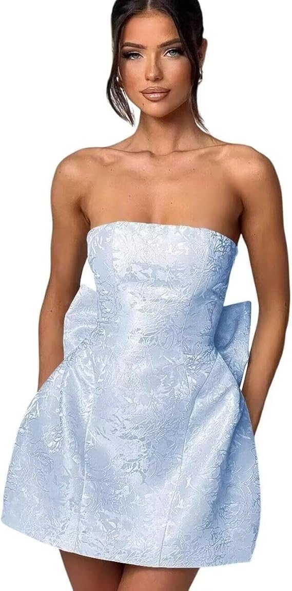 Dressystars Blue Jacquard Homecoming Dress Satin Strapless Short Party Dress with Bowknot