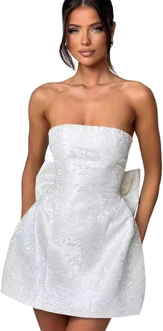 Dressystars Blue Jacquard Homecoming Dress Satin Strapless Short Party Dress with Bowknot