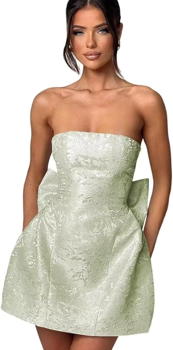 Dressystars Blue Jacquard Homecoming Dress Satin Strapless Short Party Dress with Bowknot