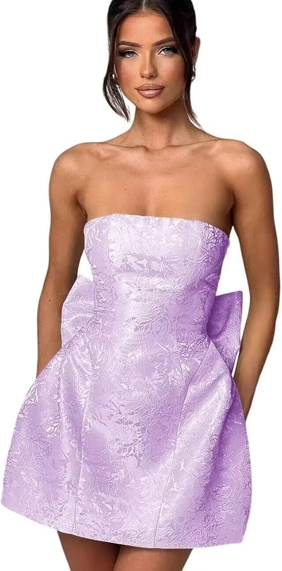Dressystars Blue Jacquard Homecoming Dress Satin Strapless Short Party Dress with Bowknot