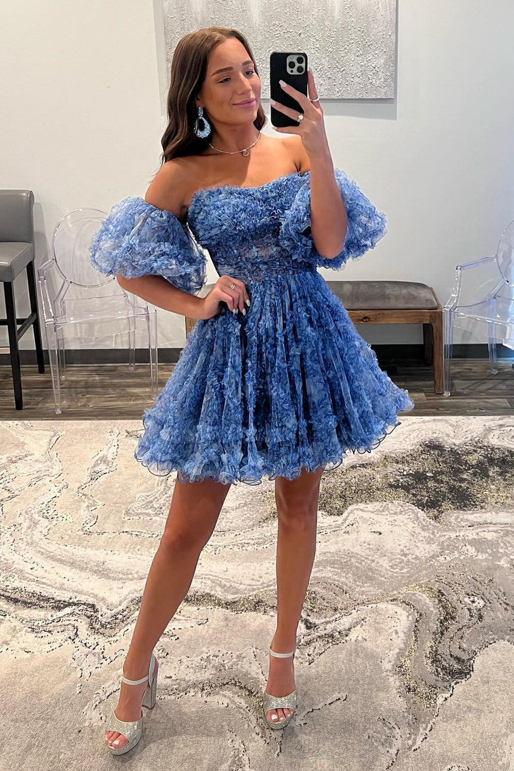 Dressystars Blue Printed Homecoming Dress Detachable Sleeves Ruffled Short Cocktail Dress