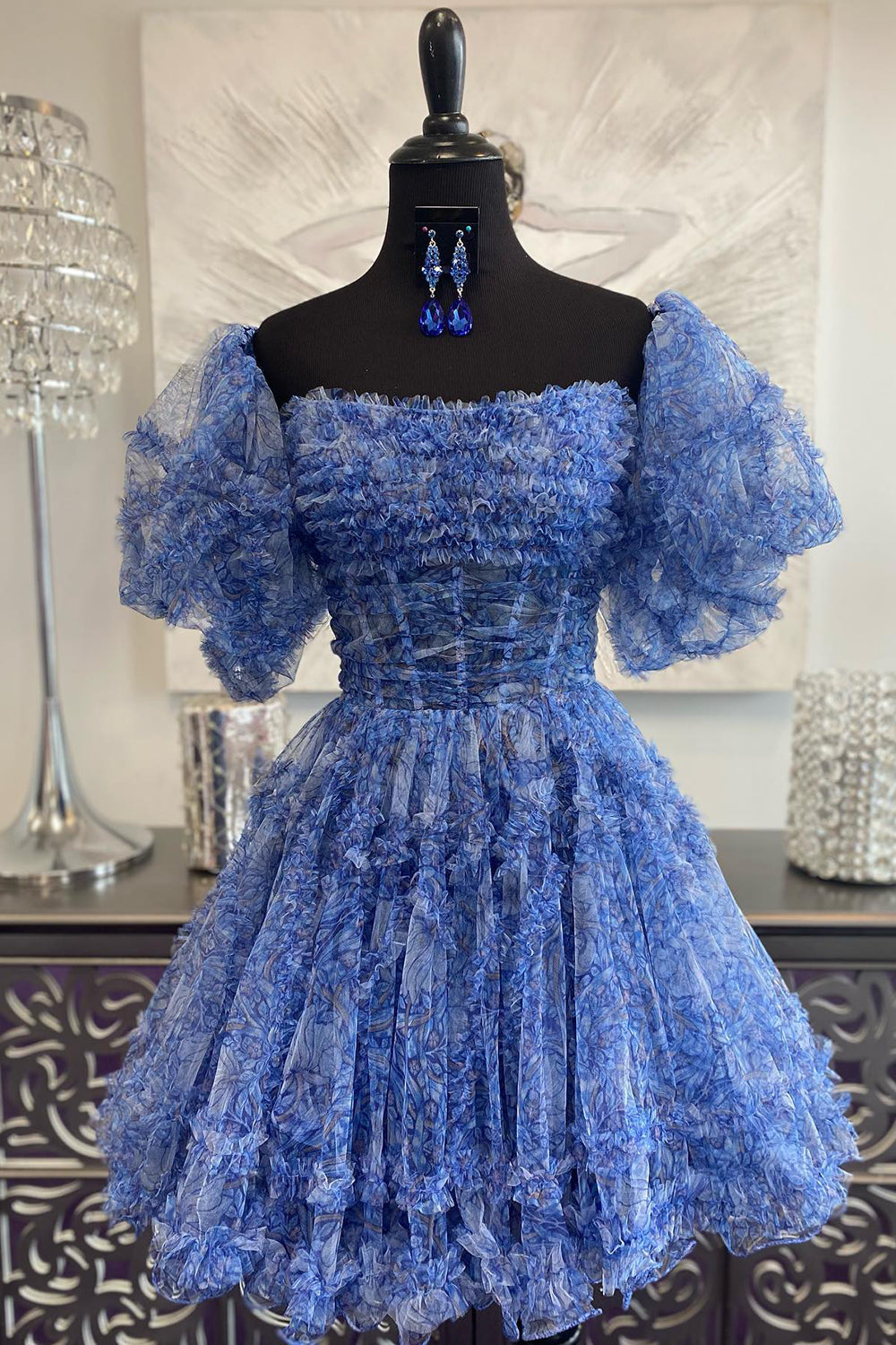 Dressystars Blue Printed Homecoming Dress Detachable Sleeves Ruffled Short Cocktail Dress