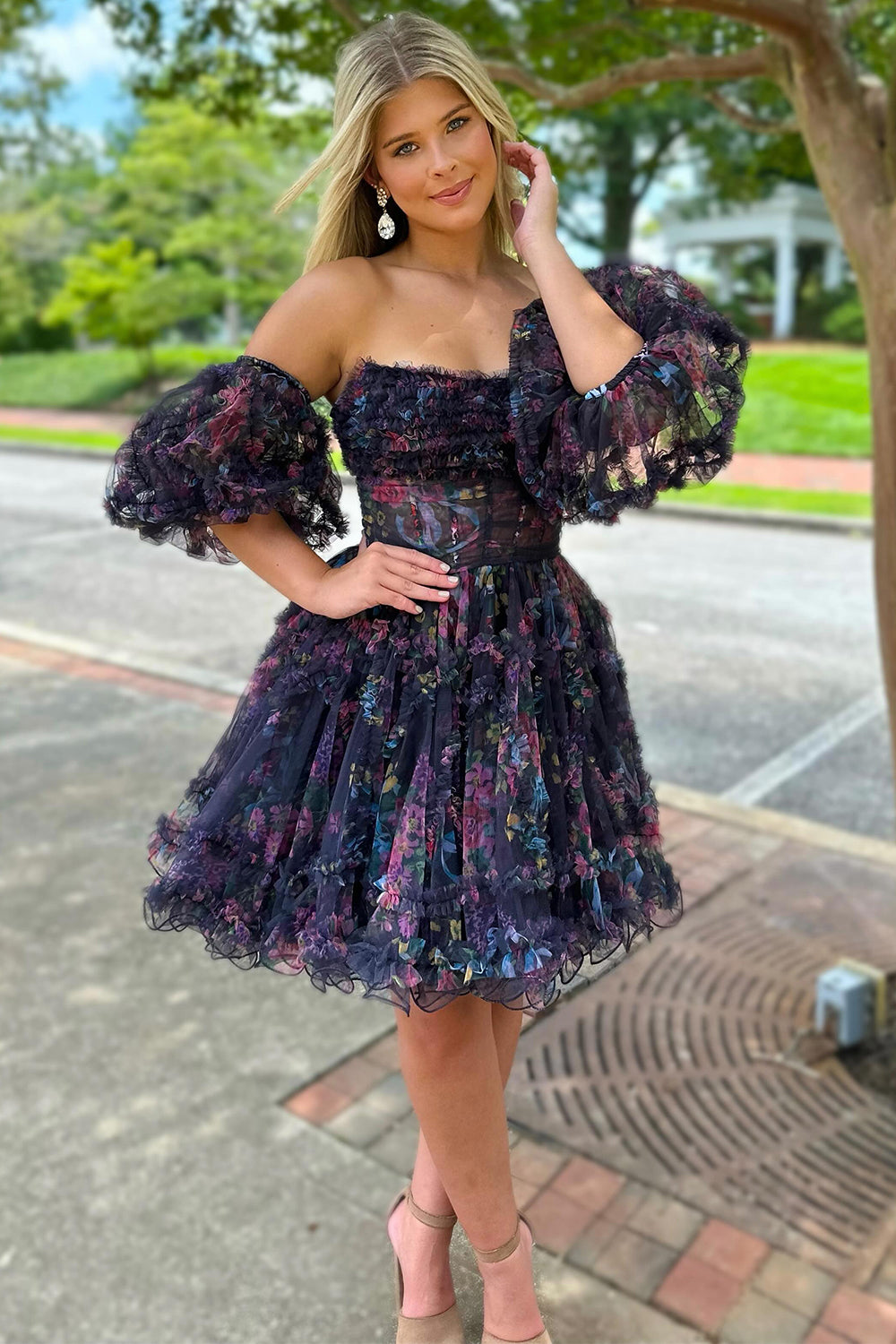 Dressystars Blue Printed Homecoming Dress Detachable Sleeves Ruffled Short Cocktail Dress
