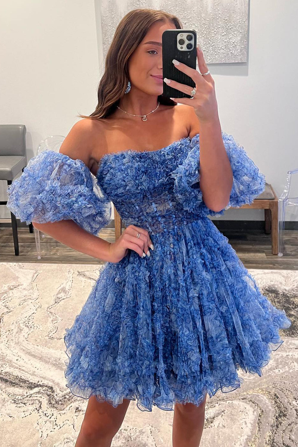 Dressystars Blue Printed Homecoming Dress Detachable Sleeves Ruffled Short Cocktail Dress