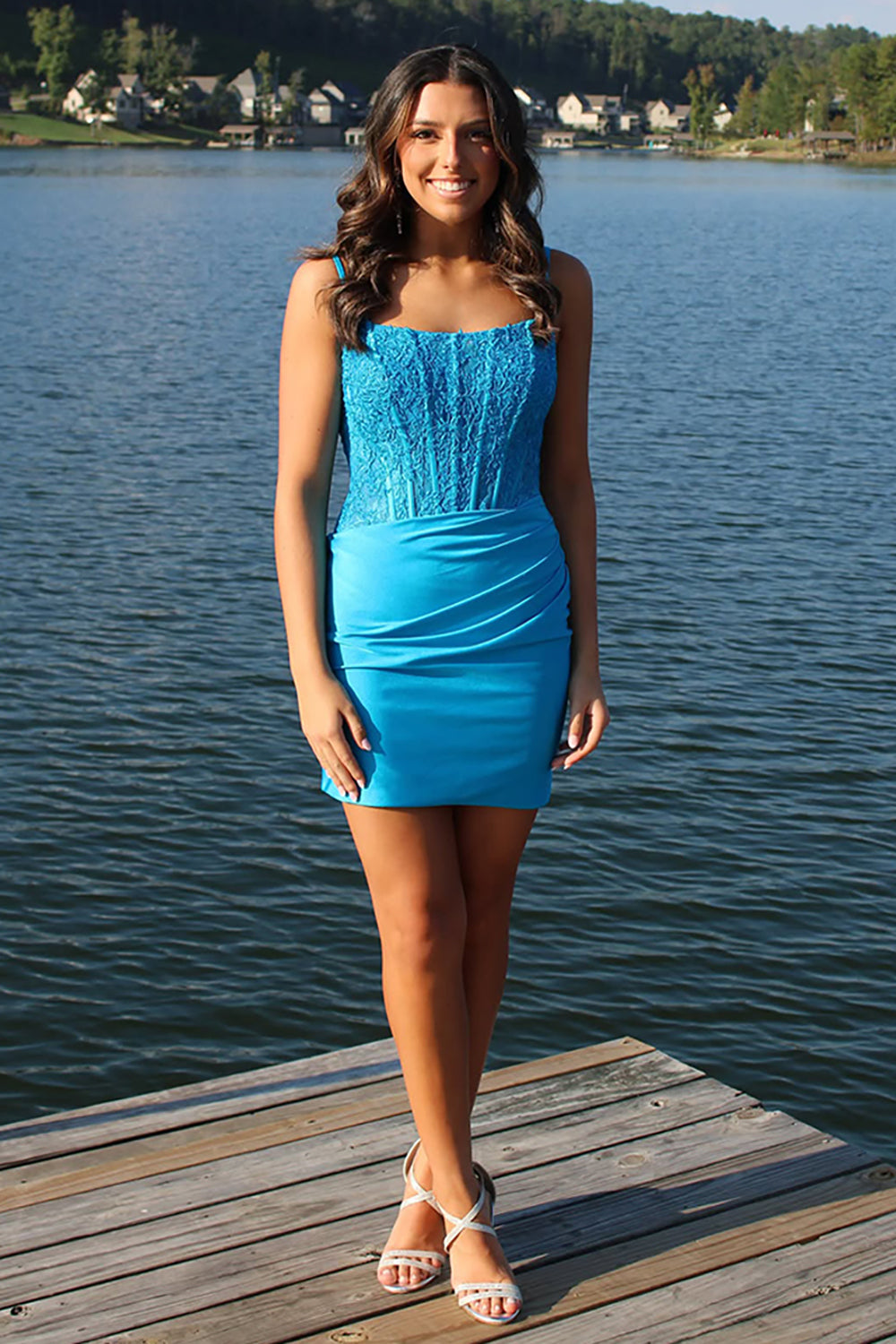 Dressystars Blue Satin Homecoming Dresses Corset Short Tight Cocktail Dresses With Lace