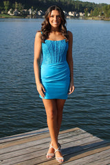 Dressystars Blue Satin Homecoming Dresses Corset Short Tight Cocktail Dresses With Lace