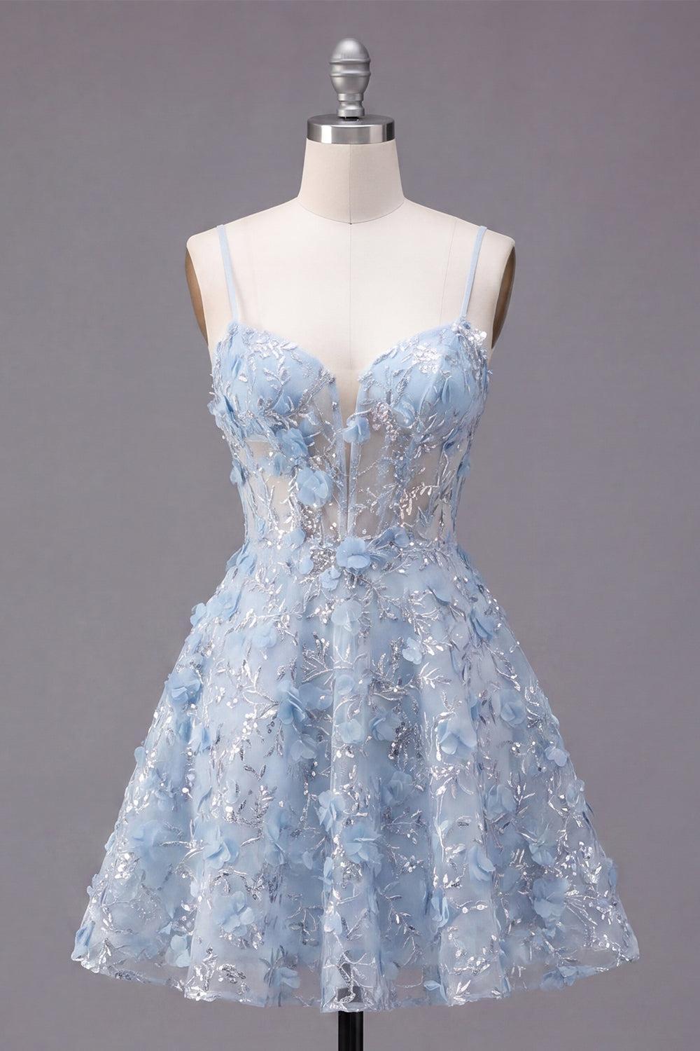 Dressystars Blue Sequin Floral Spaghetti Straps A-Line Corset Short Homecoming Dress
