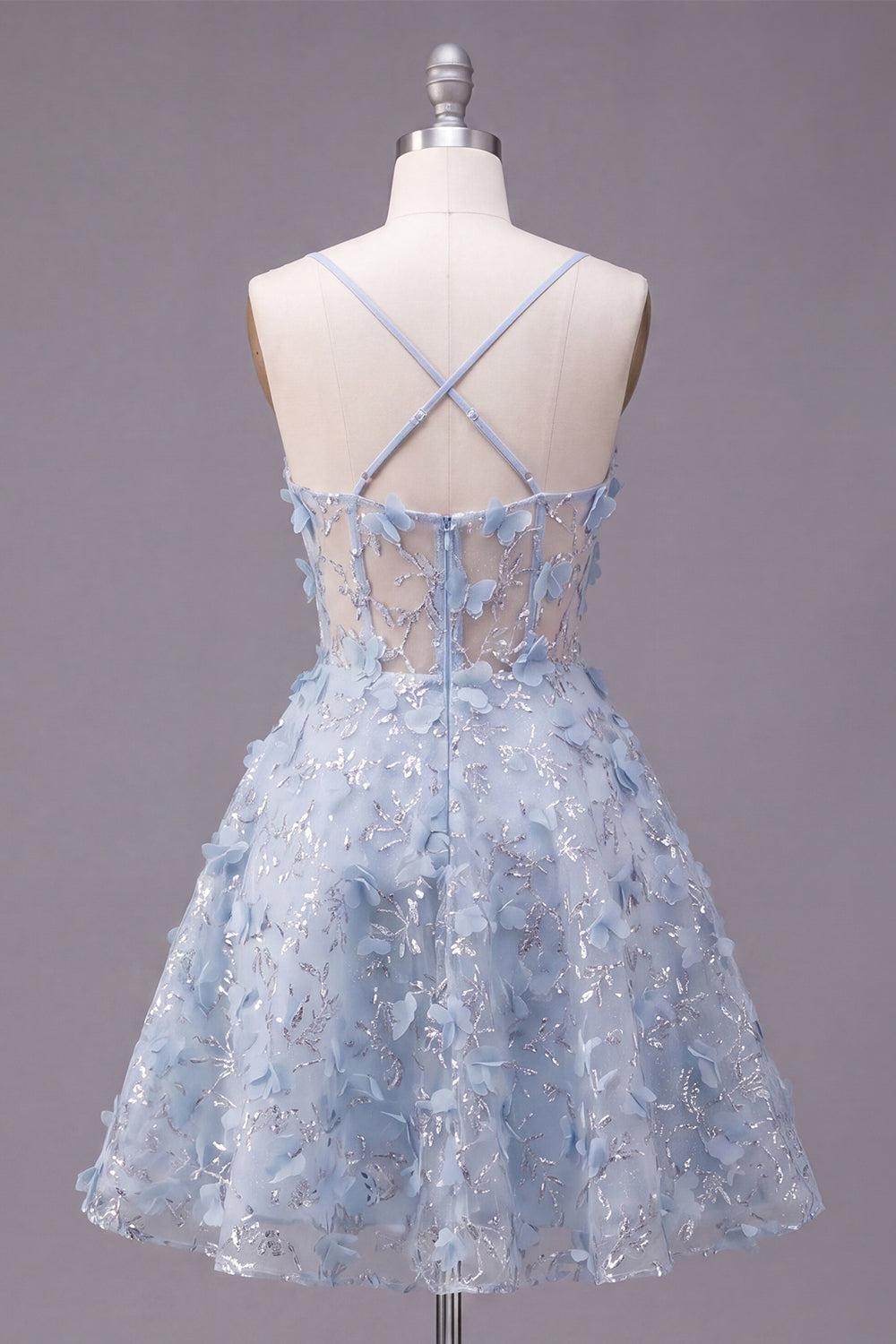 Dressystars Blue Sequin Floral Spaghetti Straps A-Line Corset Short Homecoming Dress