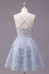 Dressystars Blue Sequin Floral Spaghetti Straps A-Line Corset Short Homecoming Dress