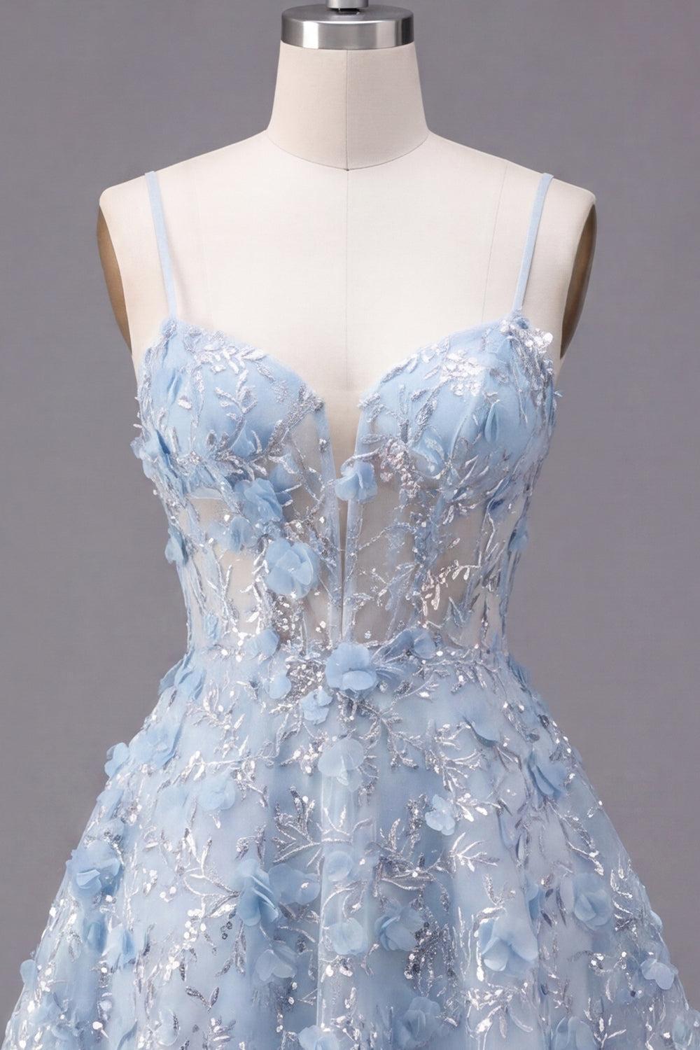 Dressystars Blue Sequin Floral Spaghetti Straps A-Line Corset Short Homecoming Dress