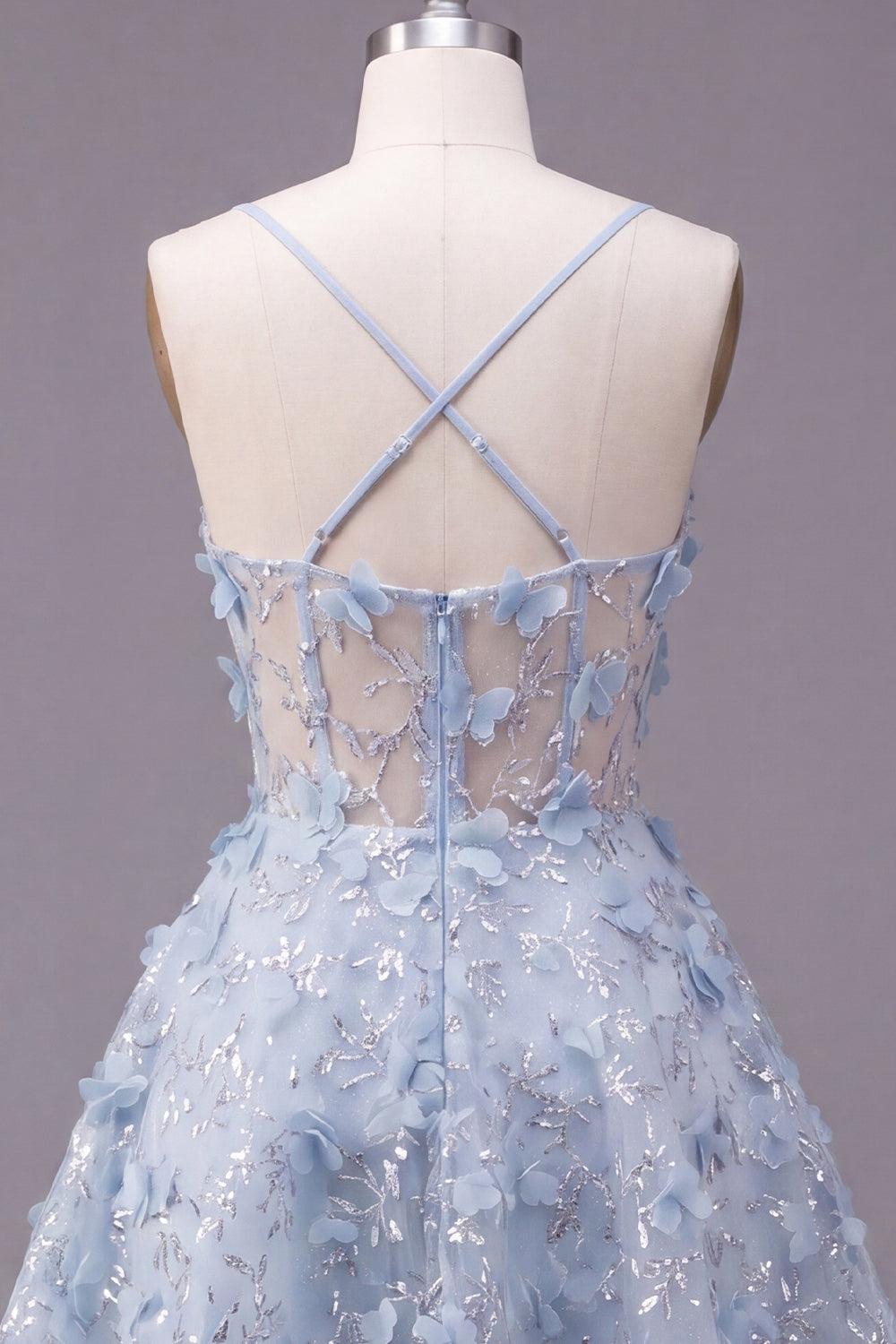 Dressystars Blue Sequin Floral Spaghetti Straps A-Line Corset Short Homecoming Dress