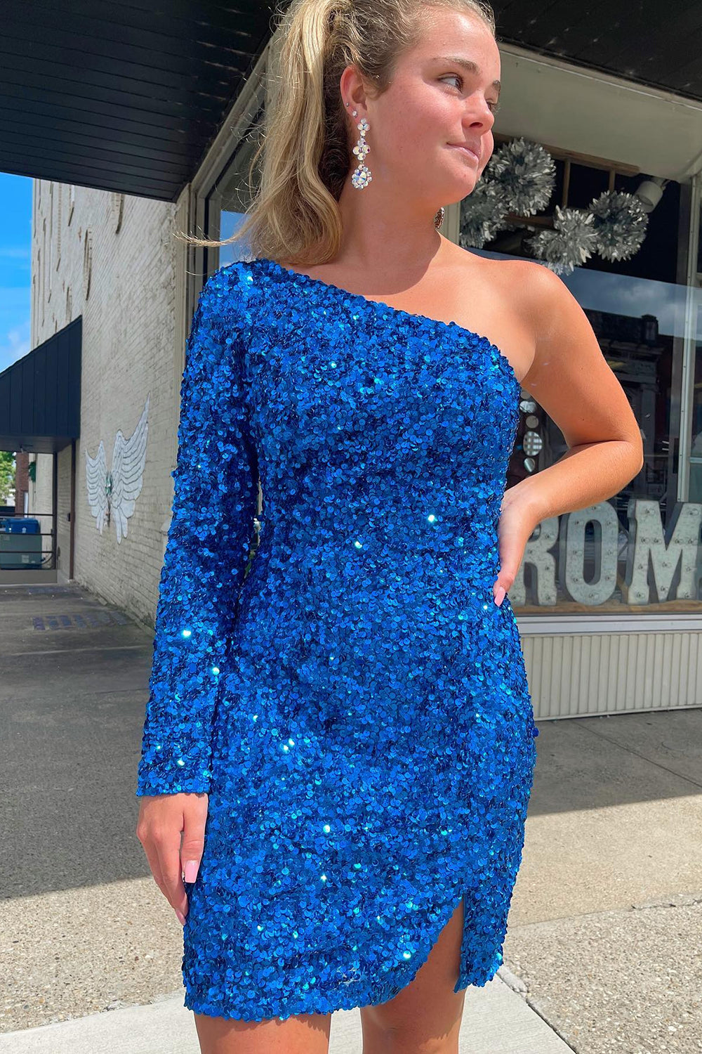 Dressystars Blue Sequins Homecoming Dress One Shoulder Cocktail Dress with Sleeves