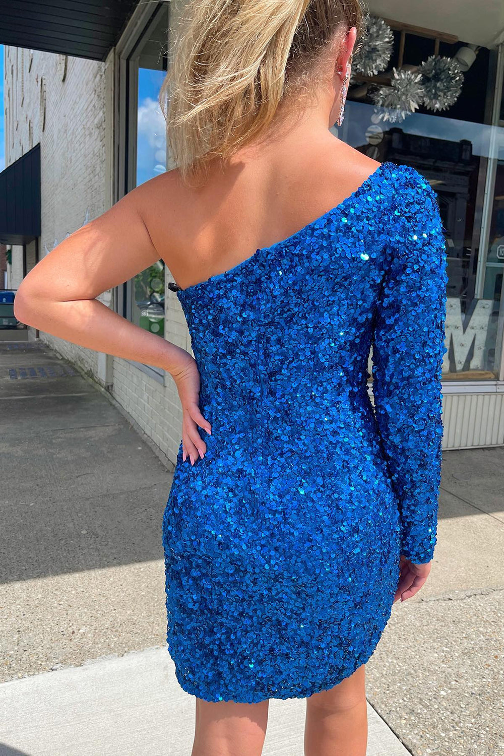 Dressystars Blue Sequins Homecoming Dress One Shoulder Cocktail Dress with Sleeves