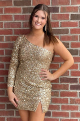 Dressystars Blue Sequins Homecoming Dress One Shoulder Cocktail Dress with Sleeves