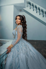 Dressystars Blue Square Illusion Sleeves Beaded Sequined Ball Gown Satin Bridal Gown With Appliques