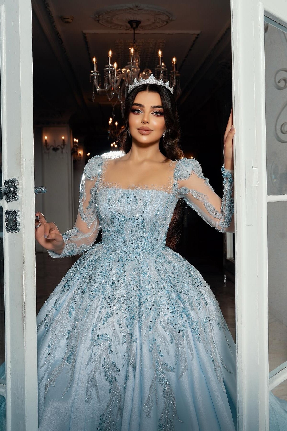 Dressystars Blue Square Illusion Sleeves Beaded Sequined Ball Gown Satin Bridal Gown With Appliques